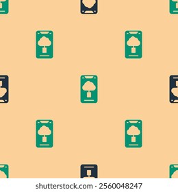 Green and black Cloud technology data transfer and storage icon isolated seamless pattern on beige background.  Vector