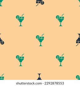Green and black Cocktail and alcohol drink icon isolated seamless pattern on beige background.  Vector