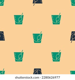 Green and black Cocktail Bloody Mary icon isolated seamless pattern on beige background.  Vector