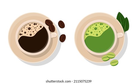 Green and black coffee in a mug set