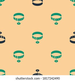 Green and black Collar with name tag icon isolated seamless pattern on beige background. Simple supplies for domestic animal. Cat and dog care. Pet chains.  Vector