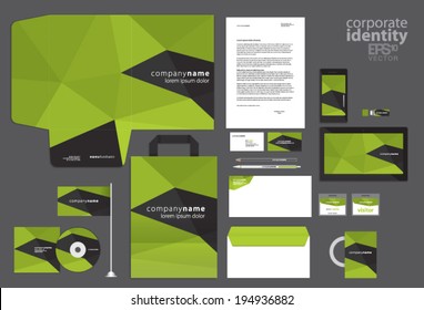 Green and black colored corporate identity template design. Vector company style.