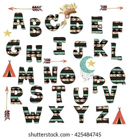 Green black colorful ink alphabet letters.Hand drawn written in boho style