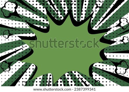 green and black comic pop art background with explosion and comic bubble. Cartoon vector poster in retro comic style with explosion cloud, light flashes and rays