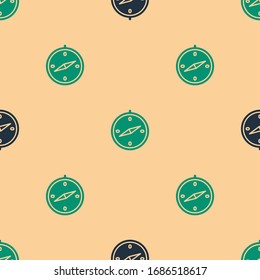 Green and black Compass icon isolated seamless pattern on beige background. Windrose navigation symbol. Wind rose sign.  Vector Illustration