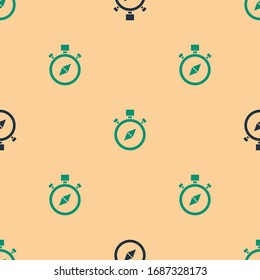 Green and black Compass icon isolated seamless pattern on beige background. Windrose navigation symbol. Wind rose sign.  Vector Illustration
