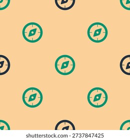 Green and black Compass icon isolated seamless pattern on beige background. Windrose navigation symbol. Wind rose sign.  Vector