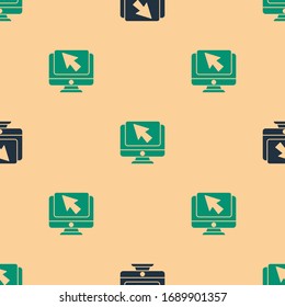 Green and black Computer monitor and cursor icon isolated seamless pattern on beige background. Computer notebook with empty screen sign.  Vector Illustration