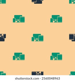 Green and black Computer monitor, graphic tablet and mobile phone icon isolated seamless pattern on beige background. Earnings in the Internet, marketing.  Vector