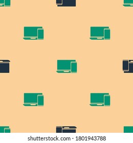 Green and black Computer monitor and mobile phone icon isolated seamless pattern on beige background. Earnings in the Internet, marketing.  Vector Illustration