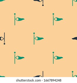 Green and black Cone meteorology windsock wind vane icon isolated seamless pattern on beige background. Windsock indicate the direction and strength of the wind.  Vector Illustration
