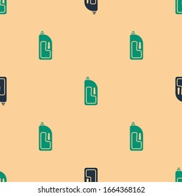 Green and black Container with drain cleaner icon isolated seamless pattern on beige background. Detergent in plastic bottle.  Vector Illustration