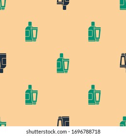 Green and black Cream or lotion cosmetic tube icon isolated seamless pattern on beige background. Body care products for men.  Vector Illustration