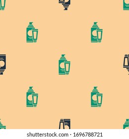 Green and black Cream or lotion cosmetic tube icon isolated seamless pattern on beige background. Body care products for men.  Vector Illustration