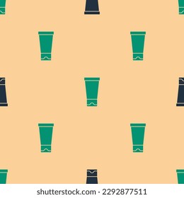 Green and black Cream or lotion cosmetic tube icon isolated seamless pattern on beige background. Body care products for woman.  Vector