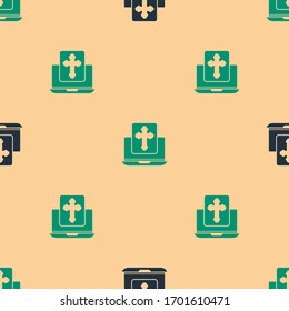 Green and black Cross on the laptop screen icon isolated seamless pattern on beige background.  Vector Illustration