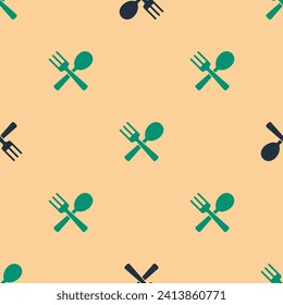 Green and black Crossed fork and spoon icon isolated seamless pattern on beige background. Cooking utensil. Cutlery sign.  Vector