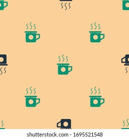 Green and black Cup of tea icon isolated seamless pattern on beige background. Sweet natural food.  Vector Illustration