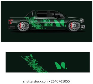 Green and black custom truck wrap design template with logo placement. Perfect for branding and advertising.