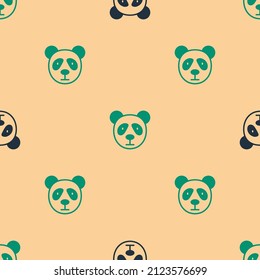 Green and black Cute panda face icon isolated seamless pattern on beige background. Animal symbol.  Vector