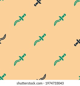Green and black Dagger icon isolated seamless pattern on beige background. Knife icon. Sword with sharp blade.  Vector