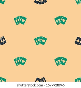 Green and black Deck of playing cards icon isolated seamless pattern on beige background. Casino gambling.  Vector Illustration