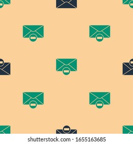 Green and black Delete envelope icon isolated seamless pattern on beige background. Delete or error letter. Cross on message. Rejected mail.  Vector Illustration
