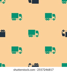 Green and black Delivery cargo truck vehicle icon isolated seamless pattern on beige background.  Vector