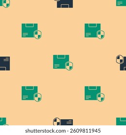 Green and black Delivery security with shield icon isolated seamless pattern on beige background. Delivery insurance. Insured cardboard boxes beyond the shield.  Vector Illustration