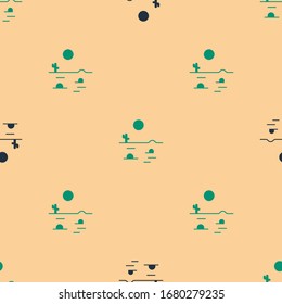 Green and black Desert landscape with cactus icon isolated seamless pattern on beige background.  Vector Illustration