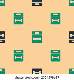 Green and black Dog bone icon isolated seamless pattern on beige background. Pets food symbol.  Vector
