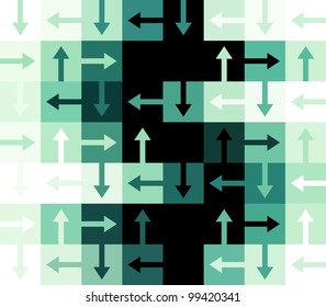 Green and black dollar sign constructed out of arrows and square rectangular shapes