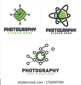 Green black dot line lens atom molecule hexagon stripe symbol icon logo design suitable for photography business company science provide technology