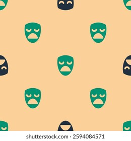 Green and black Drama theatrical mask icon isolated seamless pattern on beige background.  Vector