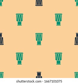 Green and black Drum icon isolated seamless pattern on beige background. Music sign. Musical instrument symbol.  Vector Illustration