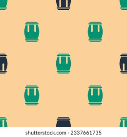Green and black Drum icon isolated seamless pattern on beige background. Music sign. Musical instrument symbol.  Vector