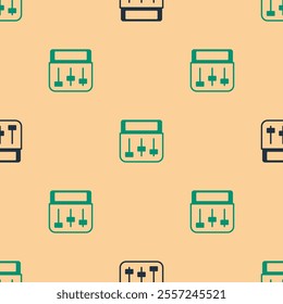 Green and black Drum machine music producer equipment icon isolated seamless pattern on beige background.  Vector