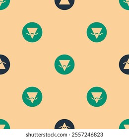 Green and black Earth element of the symbol alchemy icon isolated seamless pattern on beige background. Basic mystic elements.  Vector