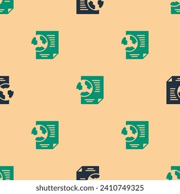 Green and black Earth globe with document icon isolated seamless pattern on beige background. World or Earth sign. Global internet symbol. Geometric shapes.  Vector