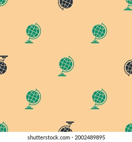 Green and black Earth globe icon isolated seamless pattern on beige background.  Vector Illustration