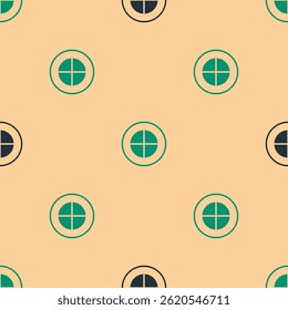 Green and black Earth globe icon isolated seamless pattern on beige background. World or Earth sign. Global internet symbol. Geometric shapes.  Vector
