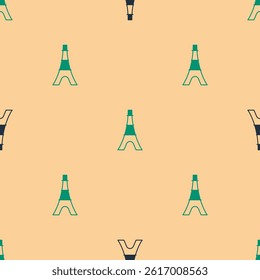 Green and black Eiffel tower icon isolated seamless pattern on beige background. France Paris landmark symbol.  Vector