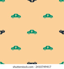 Green and black Electric car and electrical cable plug charging icon isolated seamless pattern on beige background. Renewable eco technologies.  Vector