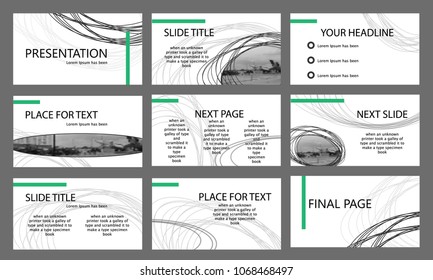 Green and black elements on a white background. The template is used as a business presentation in marketing and advertising, annual report, flyer and banner. Presentation