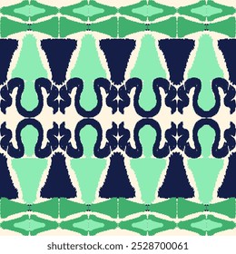 Green and black embroidery, motif ethnic ikat seamless textile illustration, print striped ornament, pattern, design for wrapping, silk, scarf, clothing, background, textile, carpets, curtains, etc.
