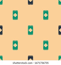 Green and black Emergency mobile phone call to hospital icon isolated seamless pattern on beige background.  Vector Illustration