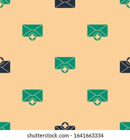 Green and black Envelope icon isolated seamless pattern on beige background. Received message concept. New, email incoming message, sms. Mail delivery service.  Vector Illustration