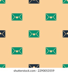 Green and black Envelope with Valentine heart icon isolated seamless pattern on beige background. Message love. Letter love and romance. Happy Valentines day.  Vector
