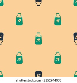 Green and black Essential oil bottle icon isolated seamless pattern on beige background. Organic aromatherapy essence. Skin care serum glass drop package.  Vector