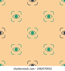 Green and black Eye scan icon isolated seamless pattern on beige background. Scanning eye. Security check symbol. Cyber eye sign.  Vector Illustration